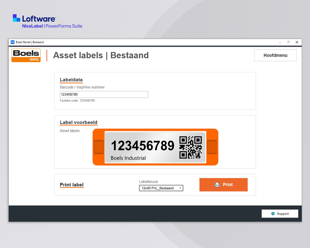 PowerForms printscherm voor het opnieuw printen van bestaande asset labels